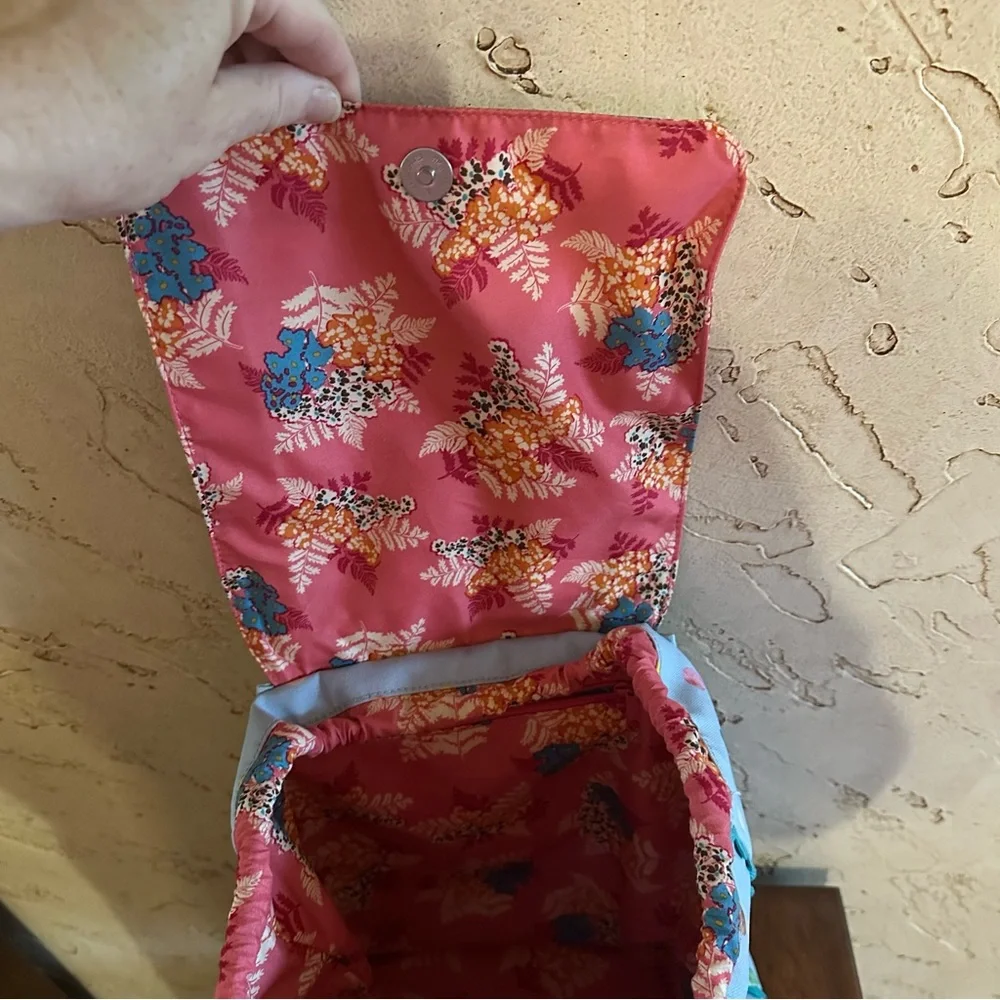 Matilda Jane Make a Splash Beach Backpack with blue polka dot and floral pattern